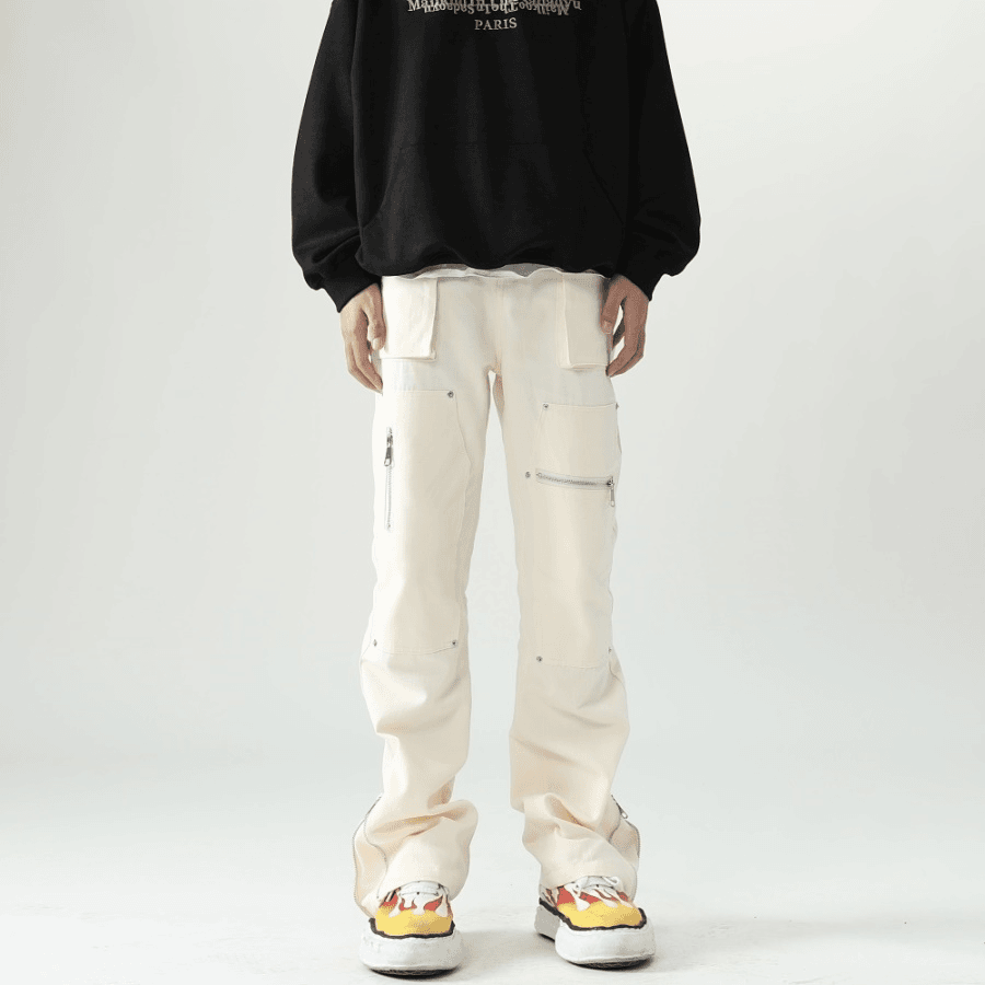 重磅美式机能拉链微喇工装裤男秋季潮牌宽松小众设计感直筒伐木裤