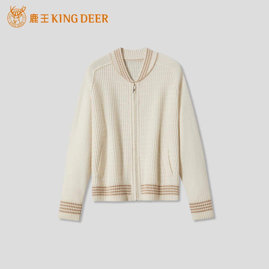 King Deer/鹿王秋冬新品时尚百搭长袖V领棒球羊绒开衫L80980