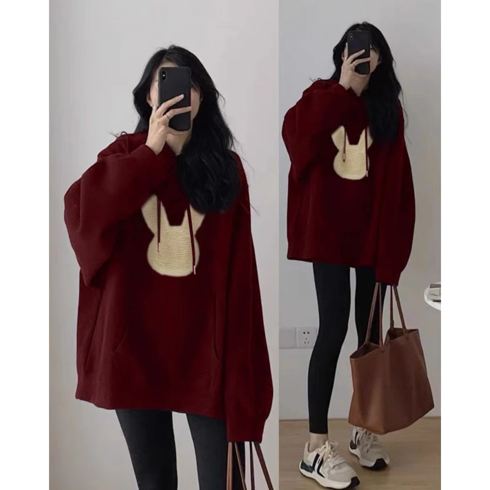 孕妇装酒红色连帽卫衣女港味兔子2024秋冬宽松加绒加厚长袖上衣潮