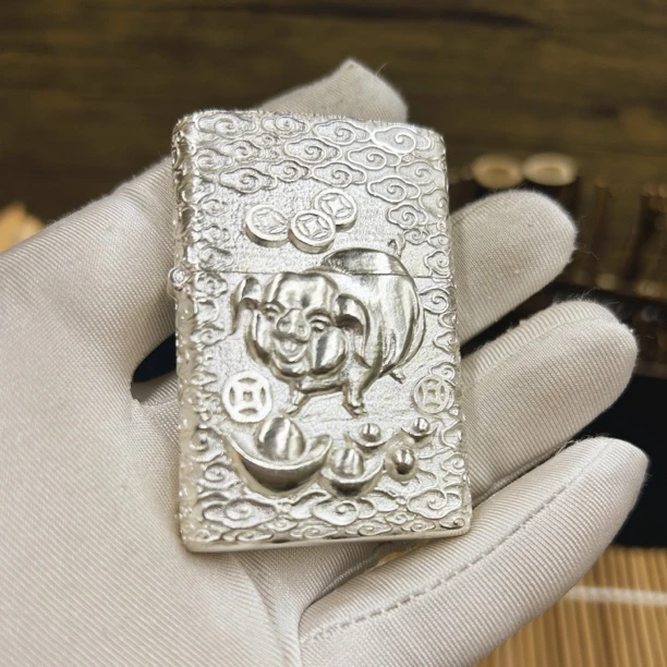 925银银制品 生肖猪+阿弥陀佛 超级盔甲纯银打火机(配机芯)