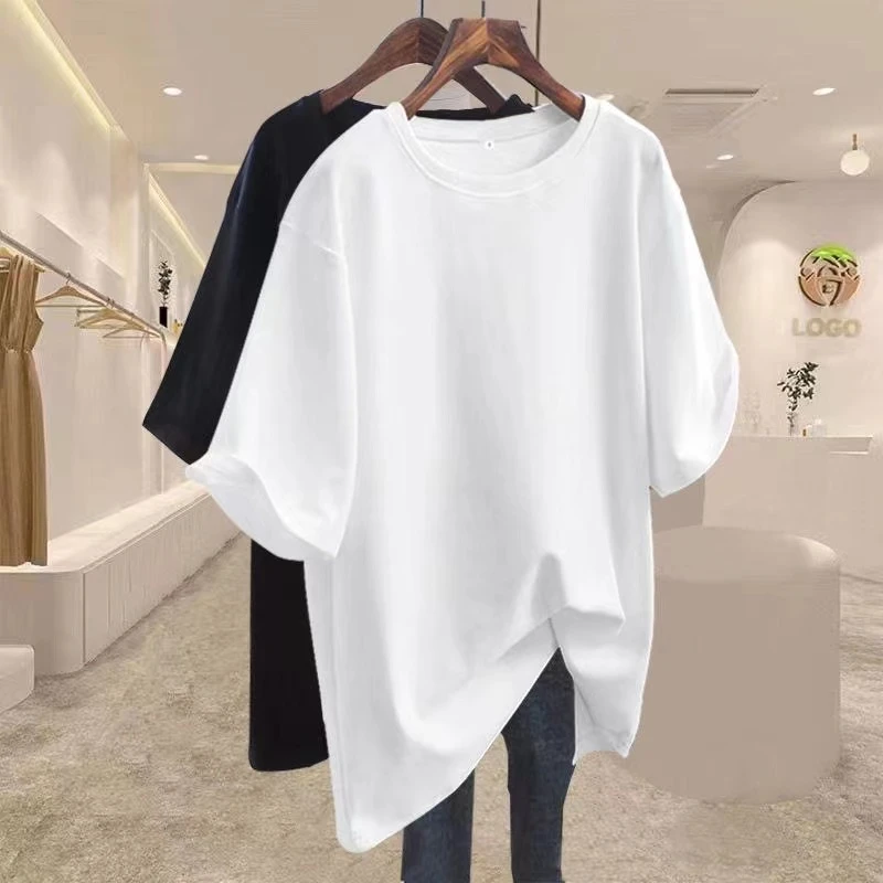100%纯棉白色短袖T恤女百搭休闲中长款韩版夏季宽松显瘦小众上衣