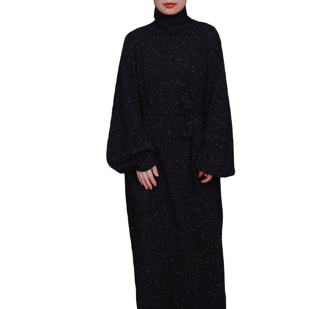 『相月』复古中式国风黑色大灯笼袖秋冬气质百搭连衣裙-W2M9097