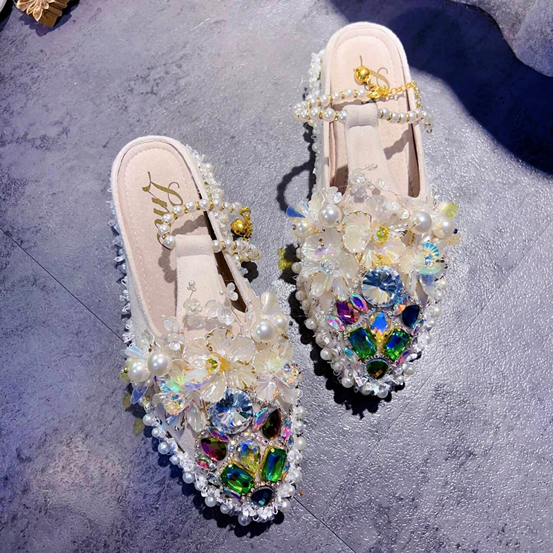 时尚新款重工水钻珍珠手工尖头外穿半拖鞋包头厚底坡跟凉鞋女立体
