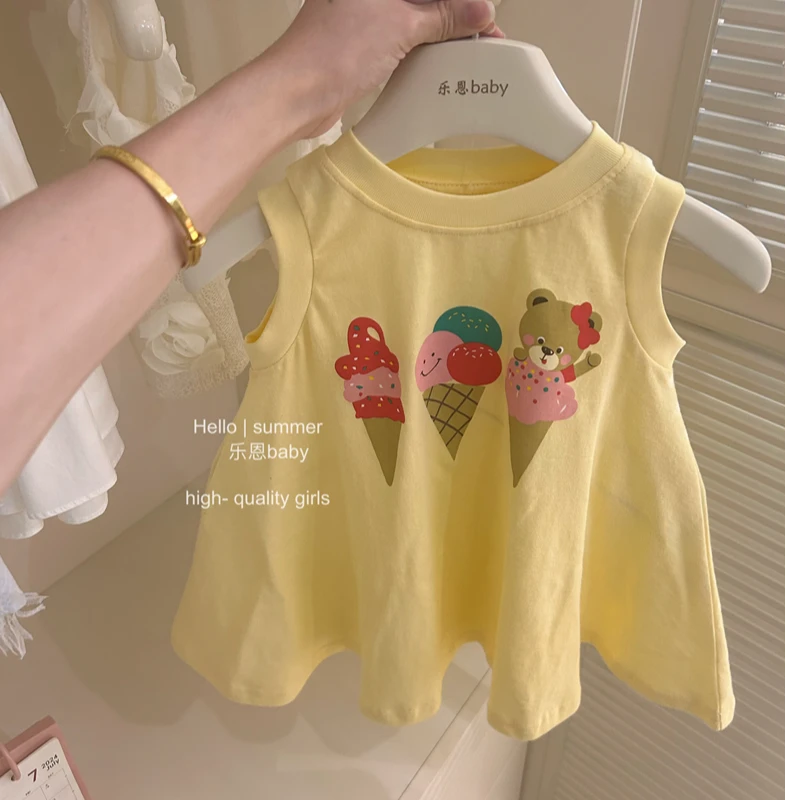 25夏季新款女童夏洋气可爱印花连衣裙宝宝时髦百搭背心裙子