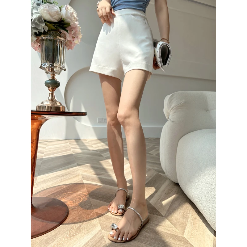 XULU原创夏季进口醋酸通勤百搭气质高腰A字阔腿显瘦短款休闲裤女