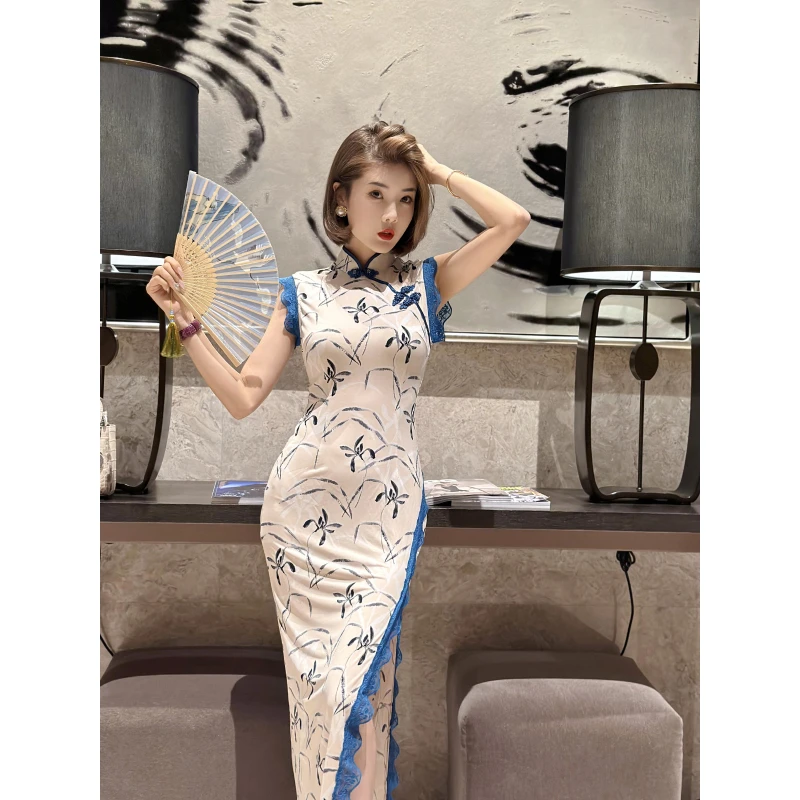 XULU原创水晶麻纱拼蕾丝花边气质显身材高腰斜襟盘扣无袖立领旗袍