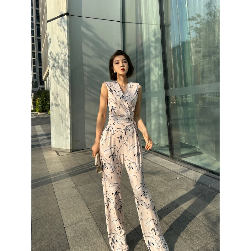 XULU原创印花系带复古气质显身材高腰显瘦无袖垫肩直筒阔腿连体裤