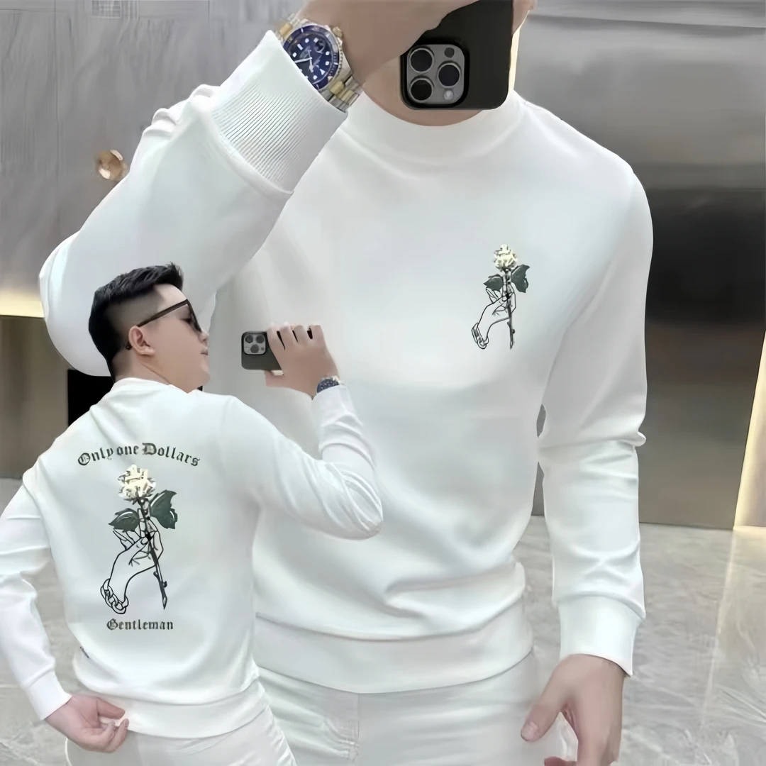 [专柜正品]秋冬潮款男士卫衣设计小众圆领印花玫瑰轻奢时尚休闲