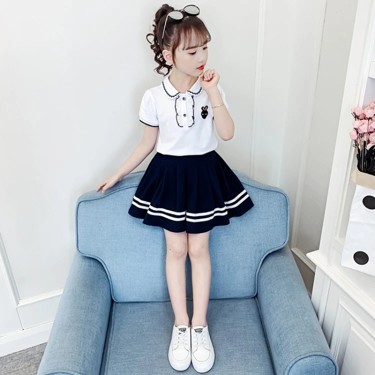 裙子女童夏装套装时髦洋气夏季2024新款儿童纯棉百褶裙学院