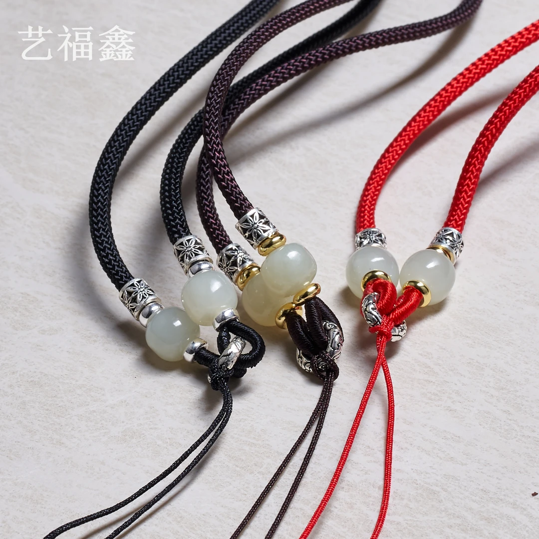925银和田玉挂坠简约百搭可调节吊坠配绳项链玉坠挂绳挂脖编绳