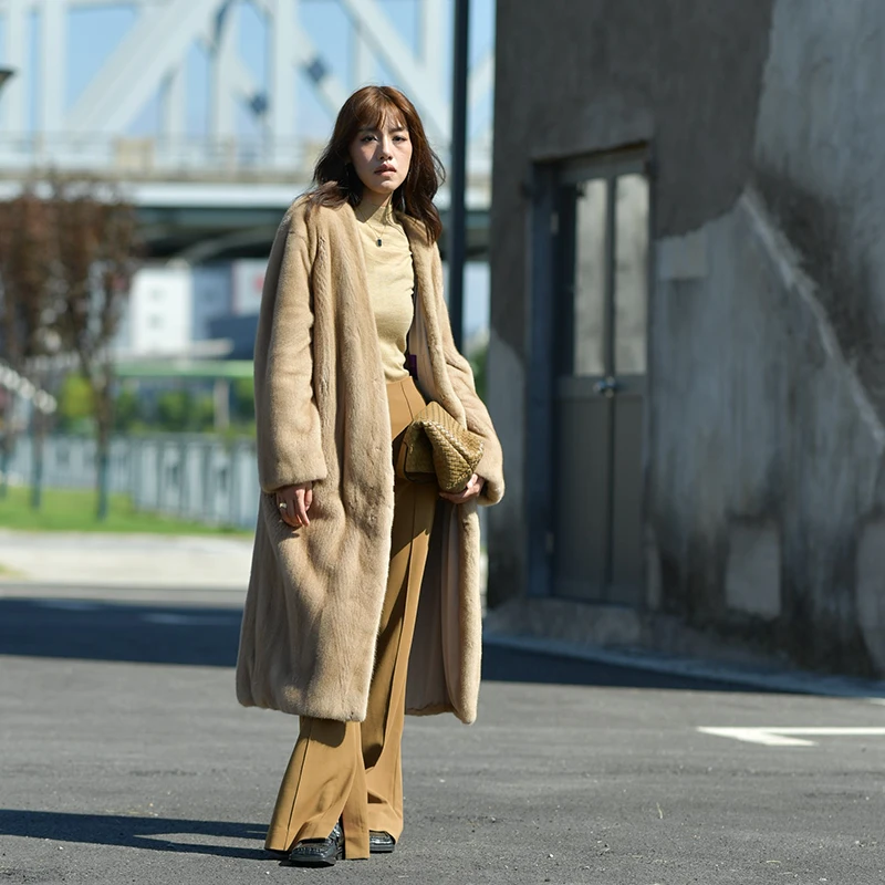 可咔希【海宁水貂】紫金短二帕斯条V领长款时尚气质进口水貂外套女