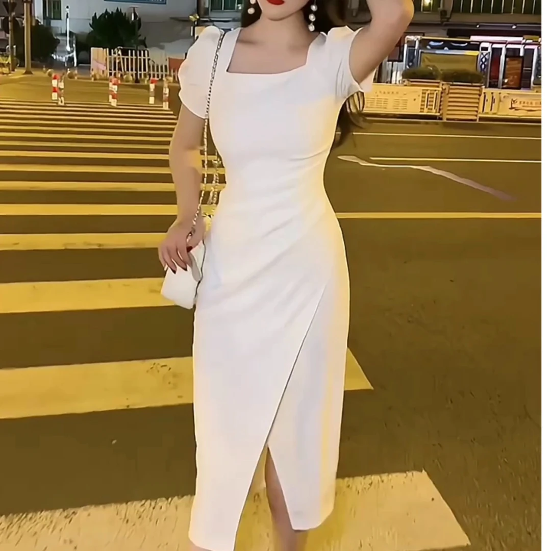 新款赫本风法式名媛气质开叉设计感方领收腰修身御姐方领连衣裙