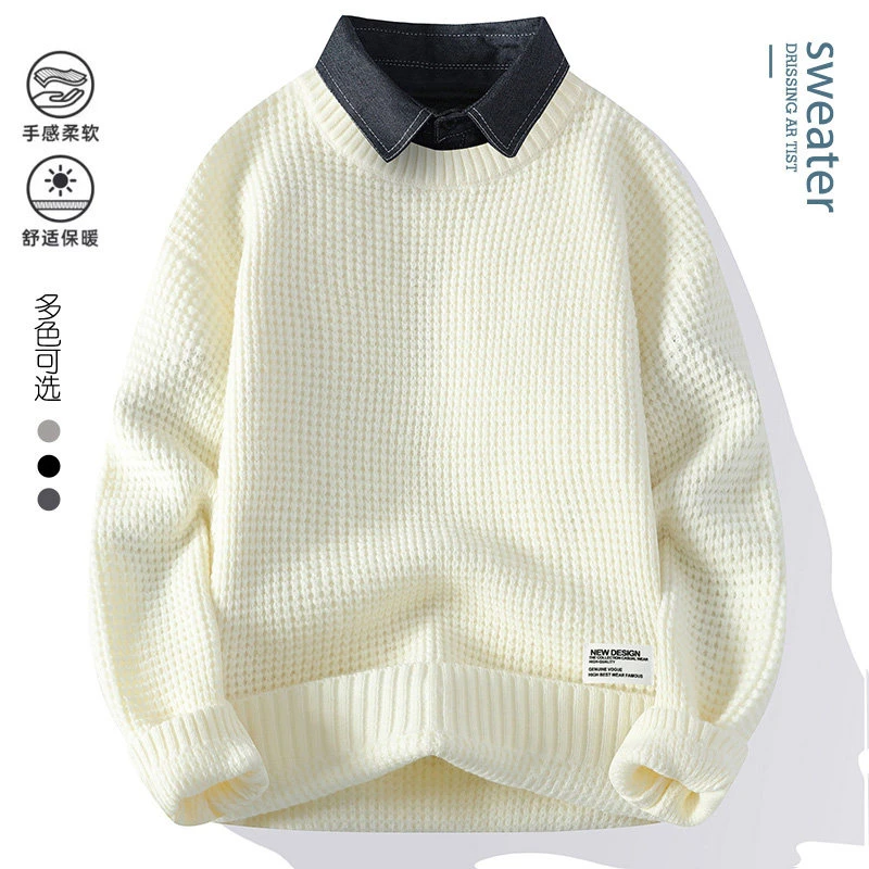2024秋冬季青少年潮流假两件毛衣男士柔软舒适保暖针织衫潮M9905