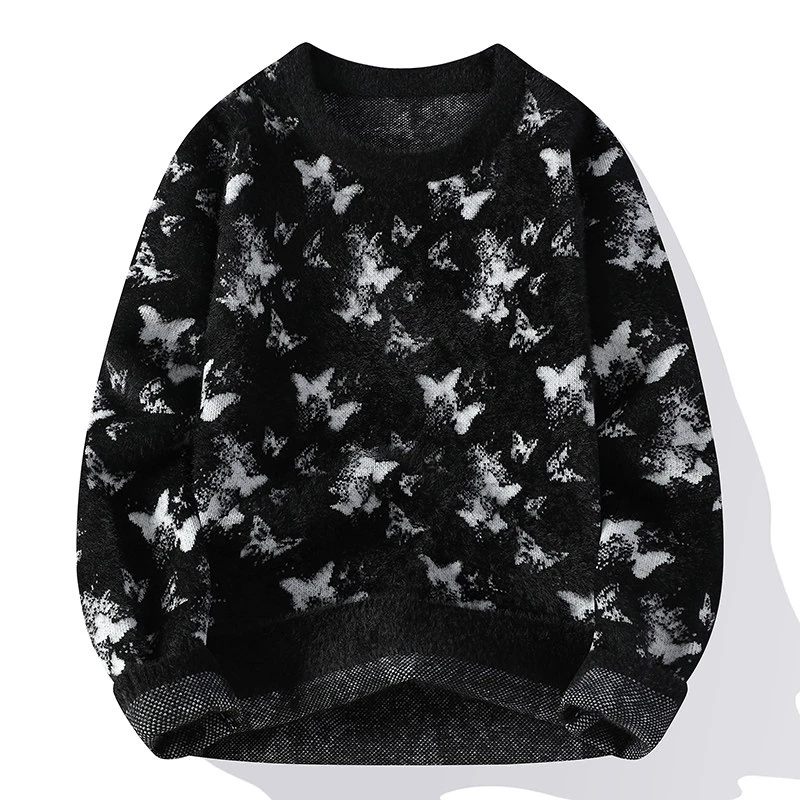 2024男士冬季仿貂绒休闲一体绒毛衣韩版印花男士针织衫潮6640圆领