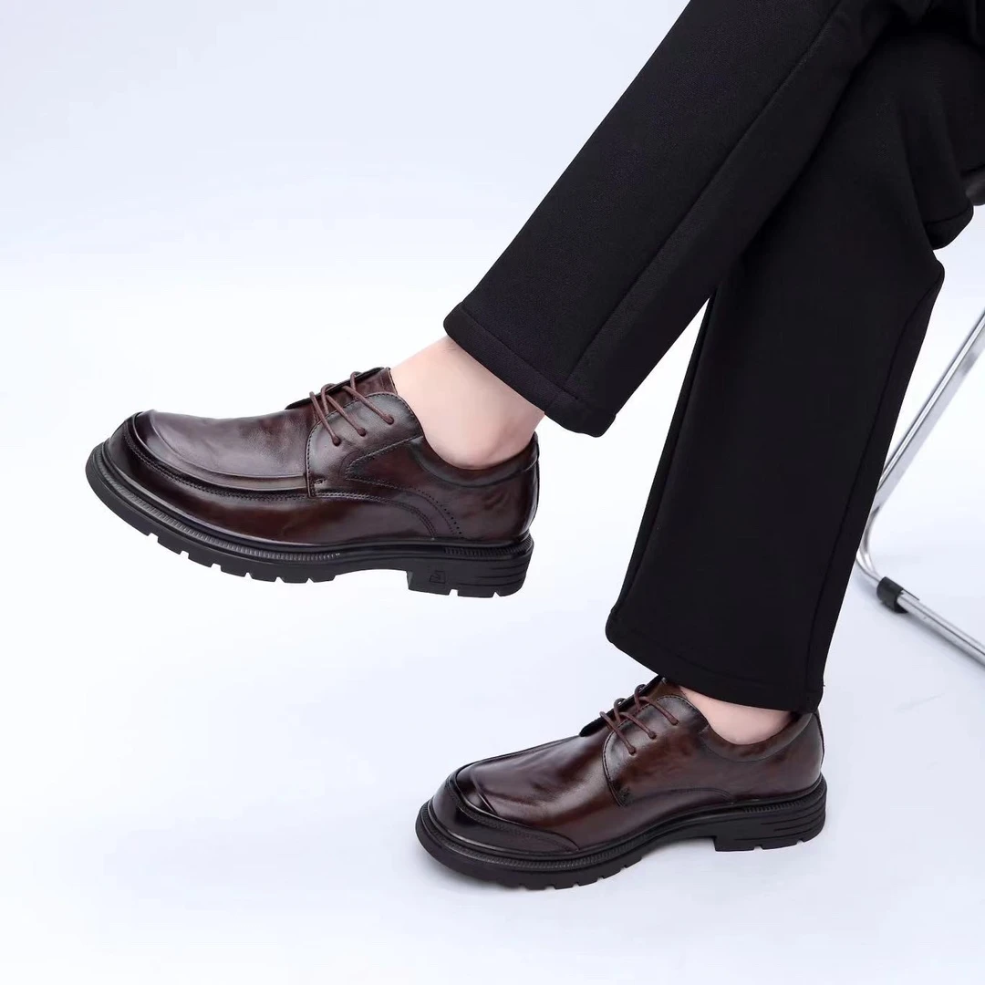 轻便英伦风头层牛皮男鞋圆头真皮单鞋正装休闲商务鞋厚底绅士皮鞋