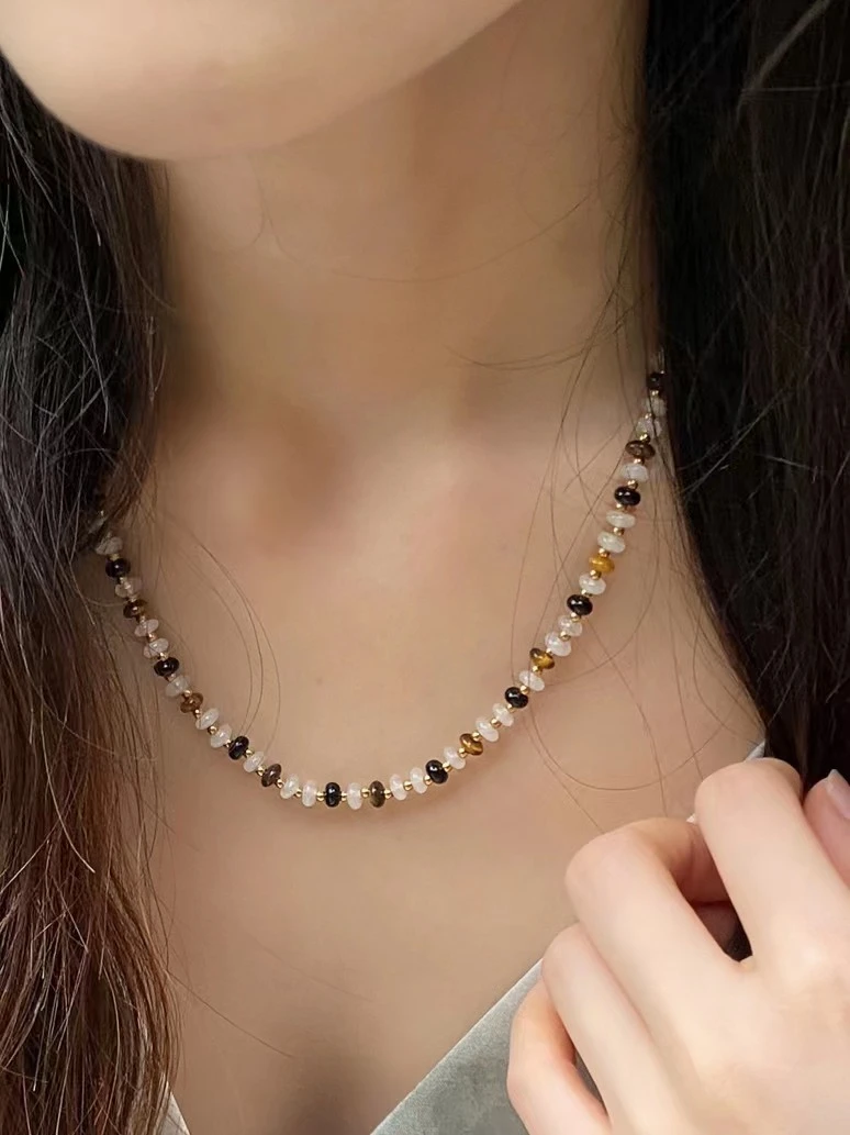 钛钢项链 美拉德色调  手工时尚轻奢天然石拼接项链