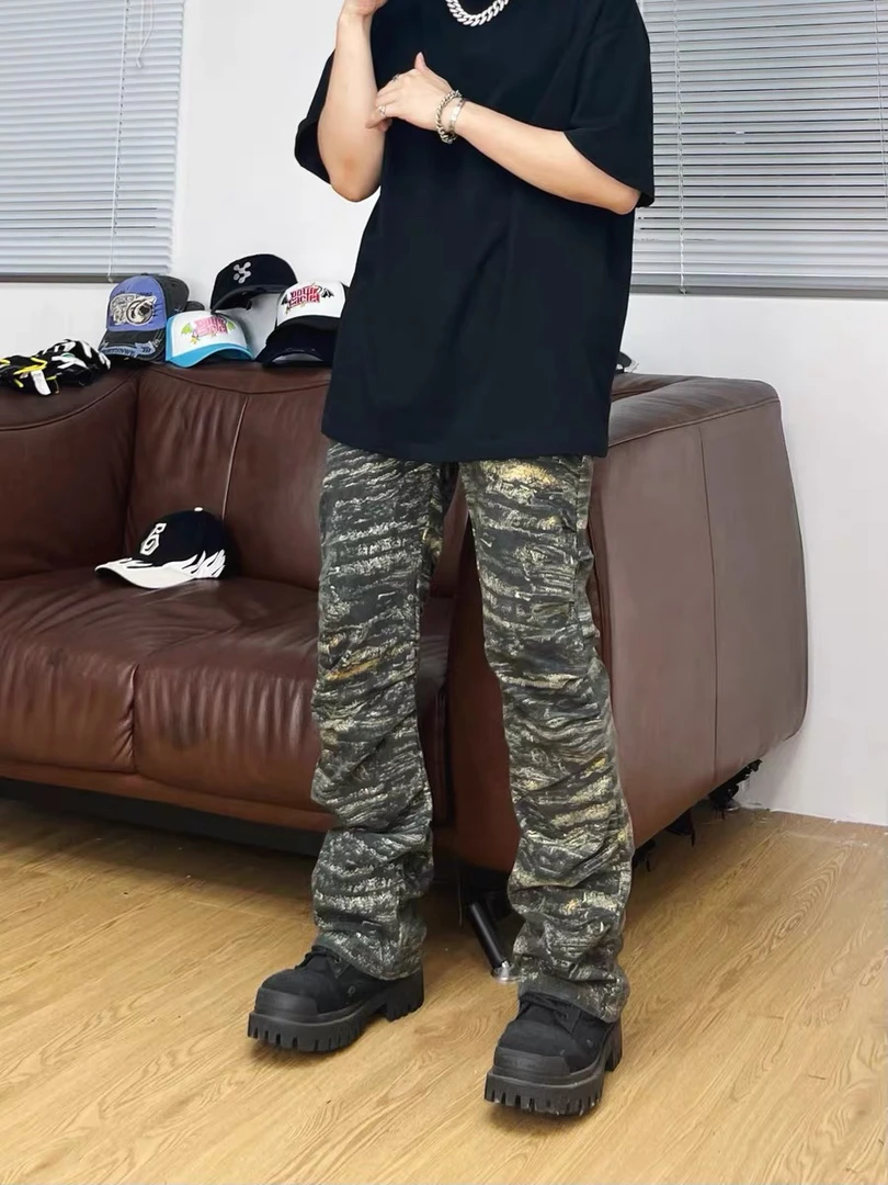 SWAG美式牛仔裤高街嘻哈工装直筒微喇宽松显瘦vibe褶皱感迷彩长裤