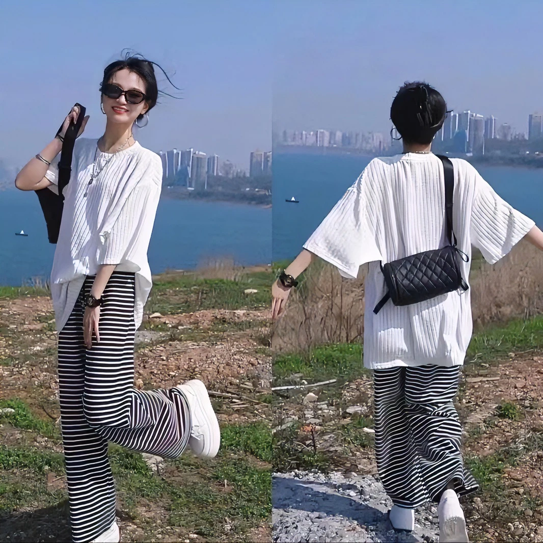 夏季抽绳百搭圆领短袖T恤套装简约白色肌理感上衣+条纹阔腿裤