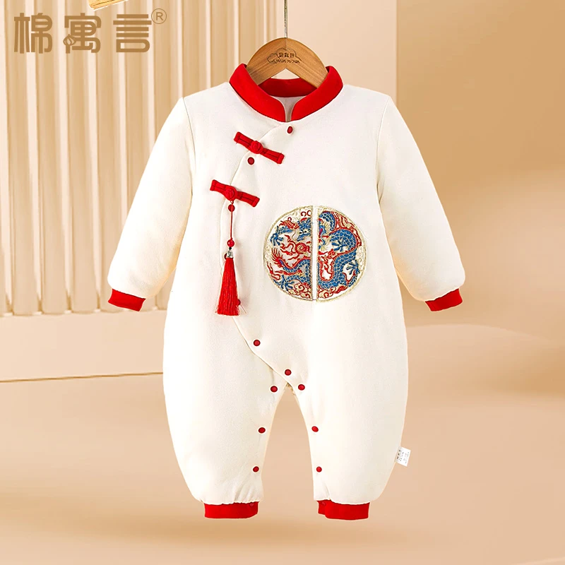 婴儿衣服秋冬季纯棉夹棉连体衣宝宝哈衣爬服满月百天国风外出加厚