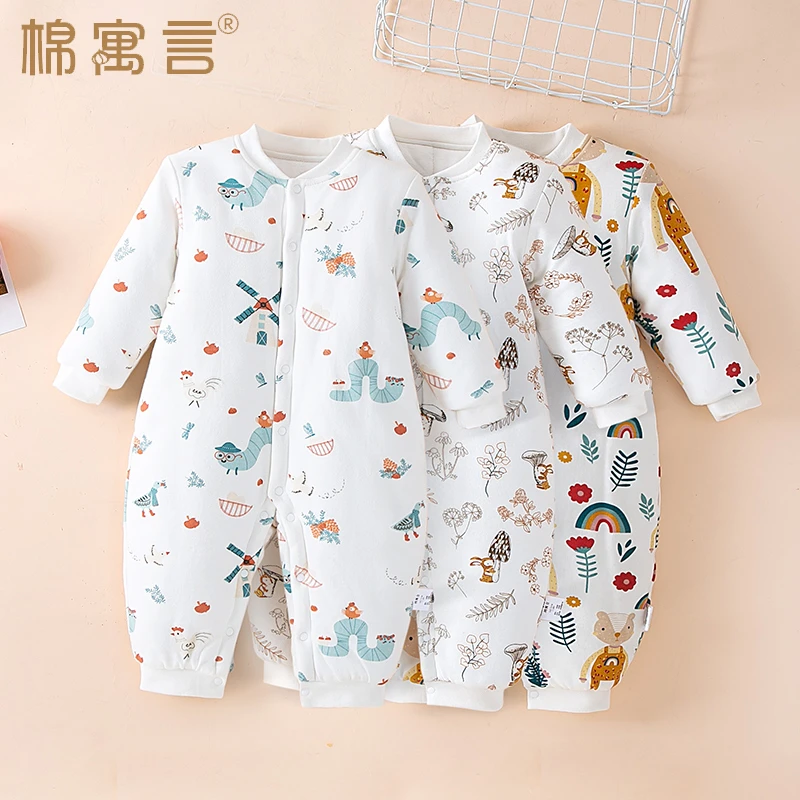 儿童连体衣服纯棉三层夹棉婴儿哈衣长袖保暖加厚爬服秋冬宝宝睡衣
