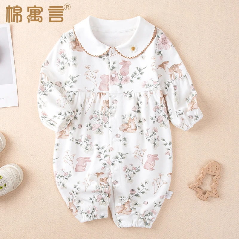 婴儿连体衣超萌公主风女宝宝秋季新款纯棉长袖哈衣娃娃领外出爬服