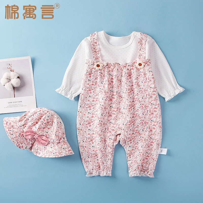 春秋婴儿衣服薄款假两件宝宝外出服长袖可爱超萌女童哈衣纯棉爬服