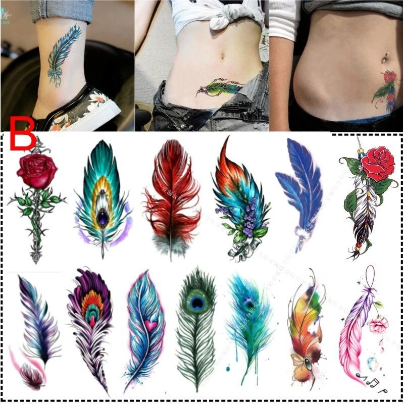彩色羽毛纹身贴遮盖腹部剖腹产女肚子防水持久性感锁骨文身贴纸