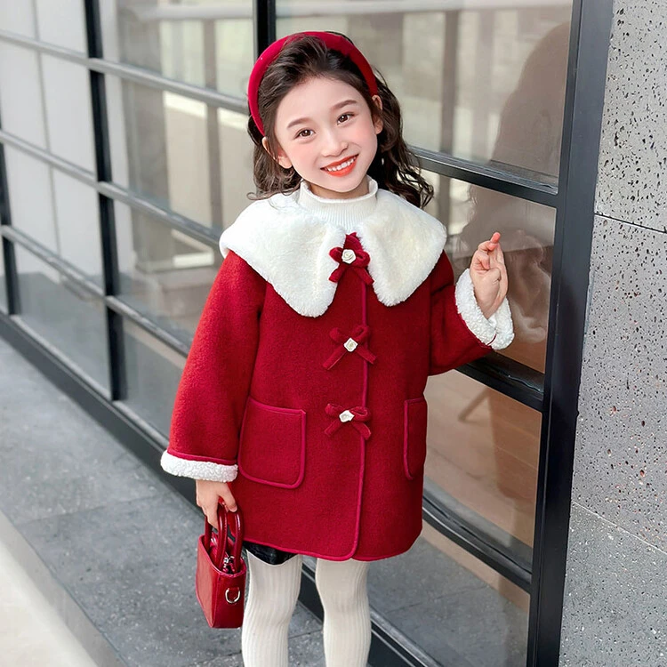 女童秋冬外套2024新款儿童洋气加绒加厚呢子大衣宝宝冬装保暖上衣