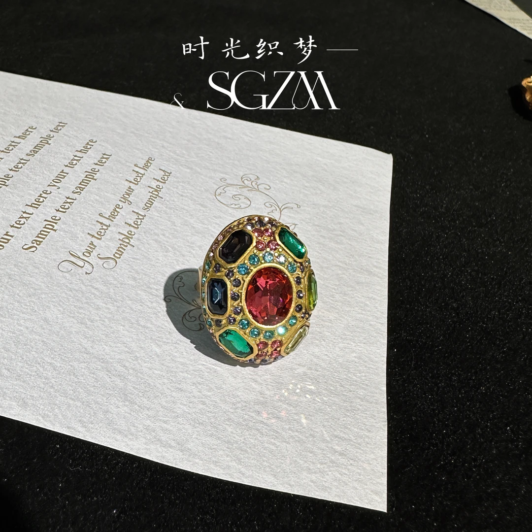 铜合金戒指 中古 镀金 彩色锆石 戒指开口可调节 轻奢宫廷风百搭