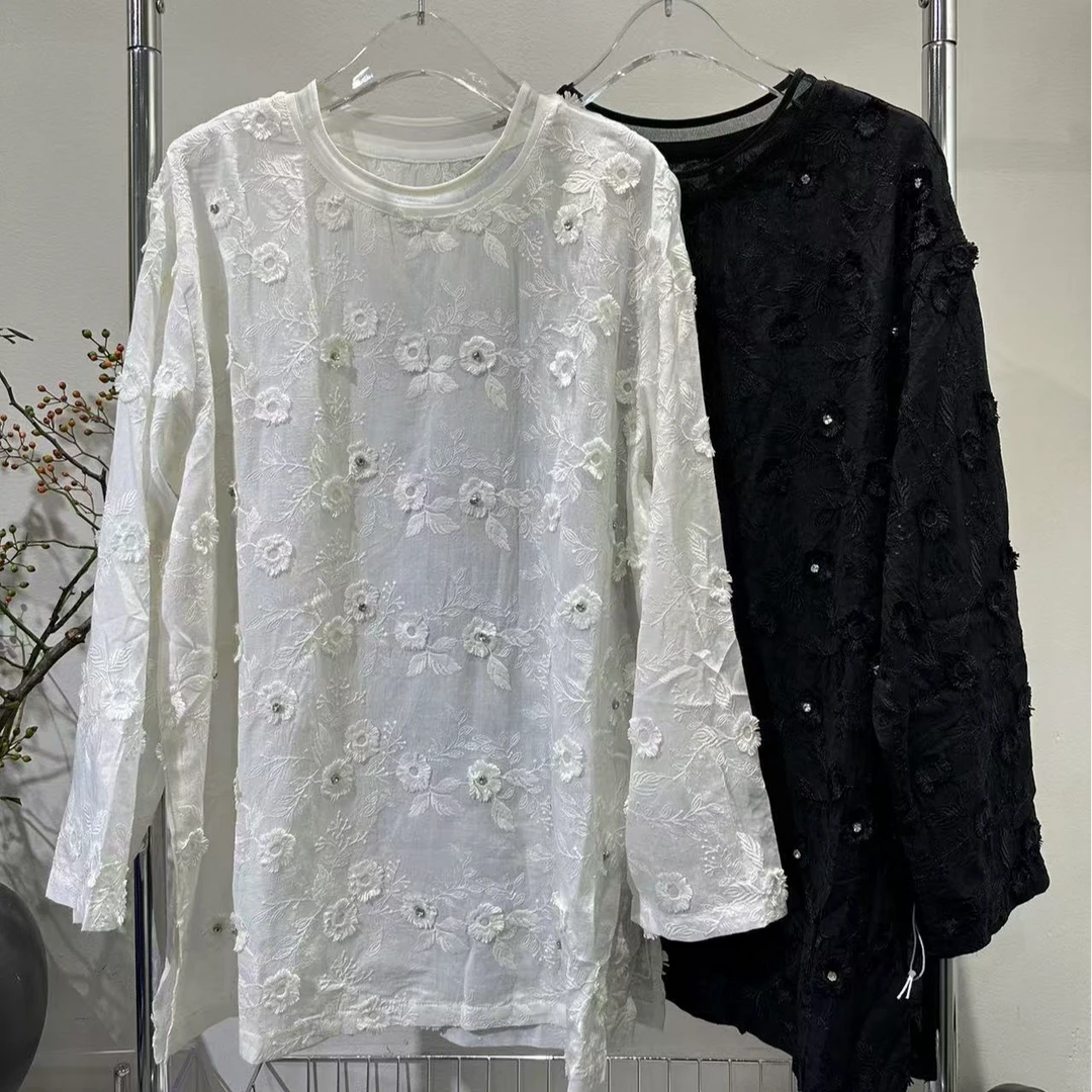 【娜娜推荐】S8659潮牌设计师简约纯色刺绣花纹带钻休闲卫衣