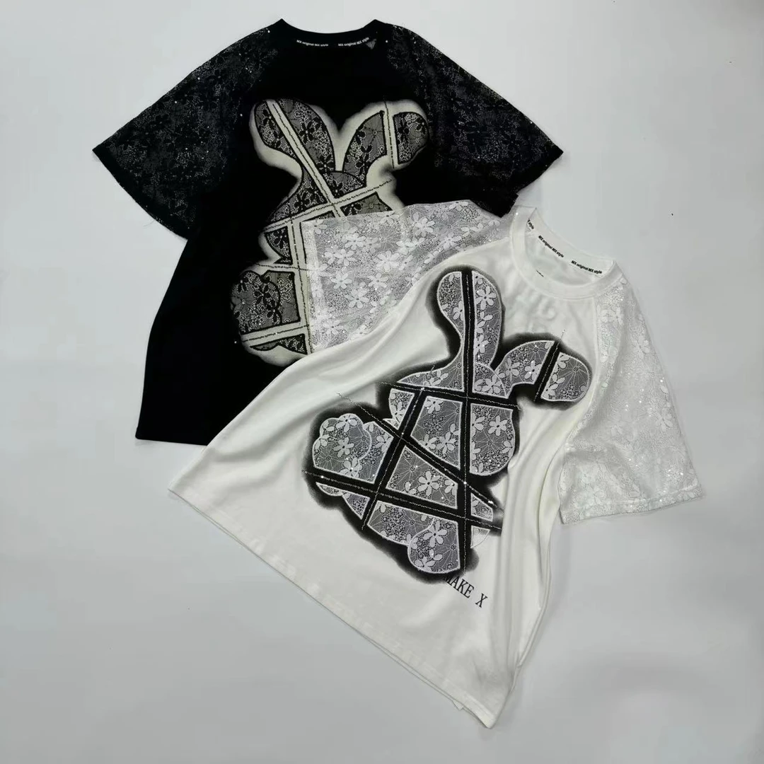 【娜娜推荐】37557潮牌设计师简约夏季镂空拼接闪闪兔子上衣