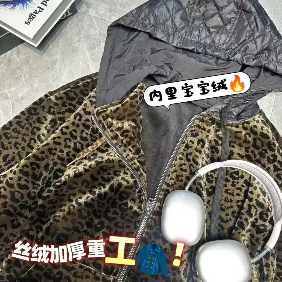 【娜娜推荐】L68879女款冬季加厚丝绒连帽豹卫衣