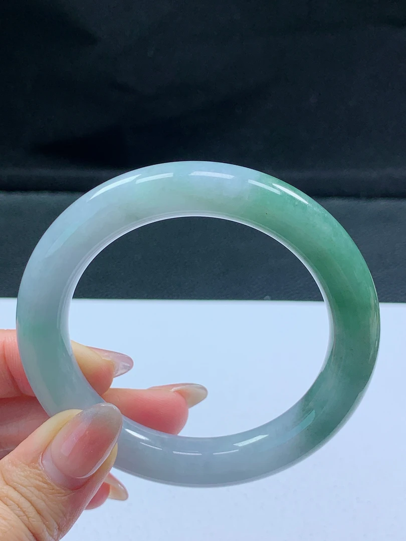 6天然翡翠A货老坑冰糯种半山水圆条手镯56MM