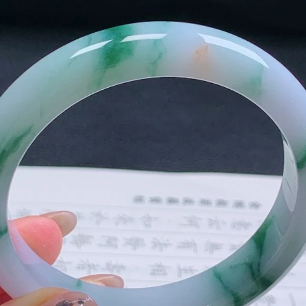 62圈天然翡翠A货老坑种飘蓝花正圈手镯155女款平安镯翡翠色绿色