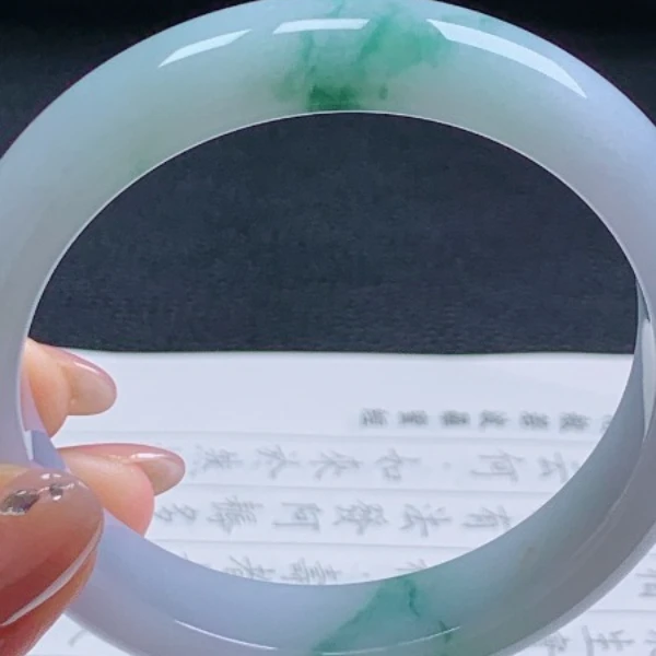 62圈天然翡翠A货老坑冰糯种飘蓝花正圈手镯151女款平安镯翡翠色