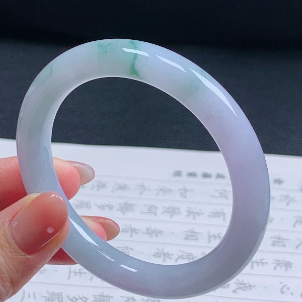 55圈天然翡翠A货老坑种飘花圆条手镯052女款美人镯翡翠色平安镯