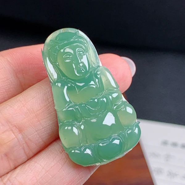 天然翡翠A货老坑冰种满绿观音11雕刻高冰精雕绿色守护神浅绿