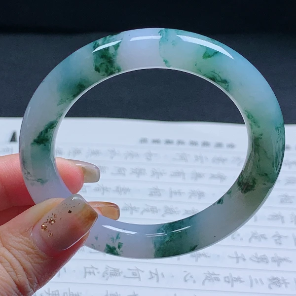 55圈天然翡翠A货老坑冰种飘花圆条手镯181时尚冰透平安镯美人镯