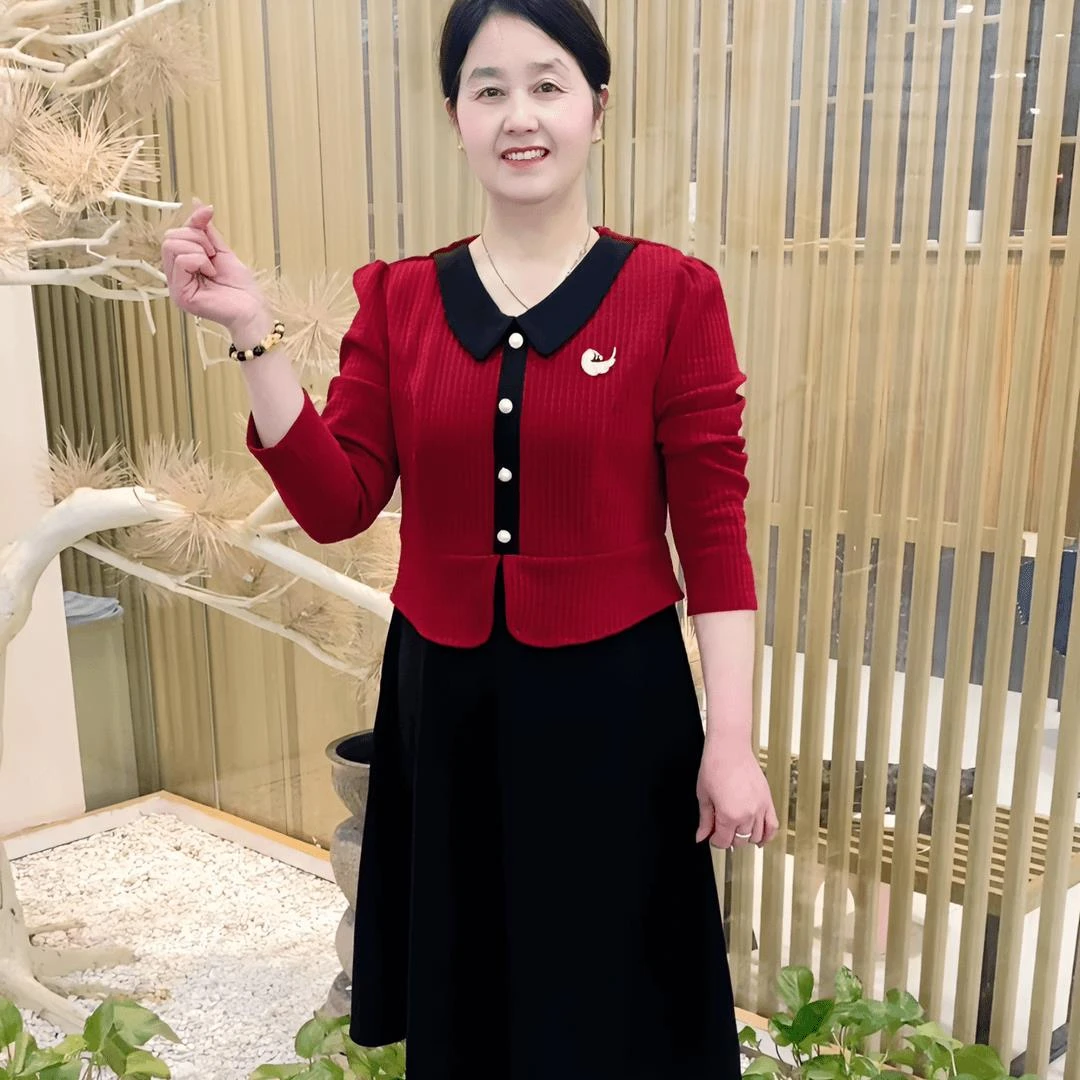 秋季新款妈妈装时尚洋气百搭显瘦气质打底长袖拼接中长款连衣裙