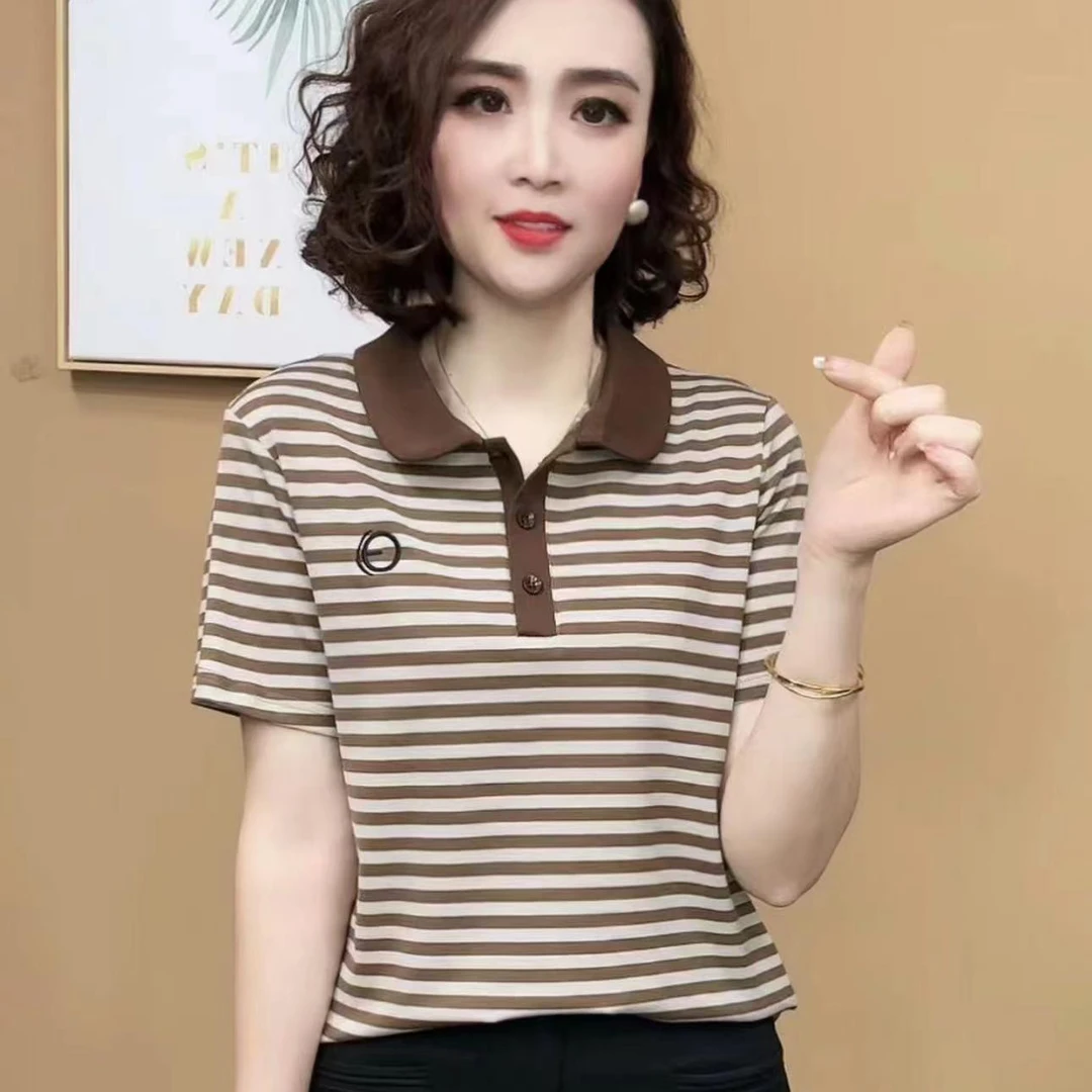 2024新款时尚洋气显瘦百搭短袖女士T恤气质上衣 翻领减龄娃娃领