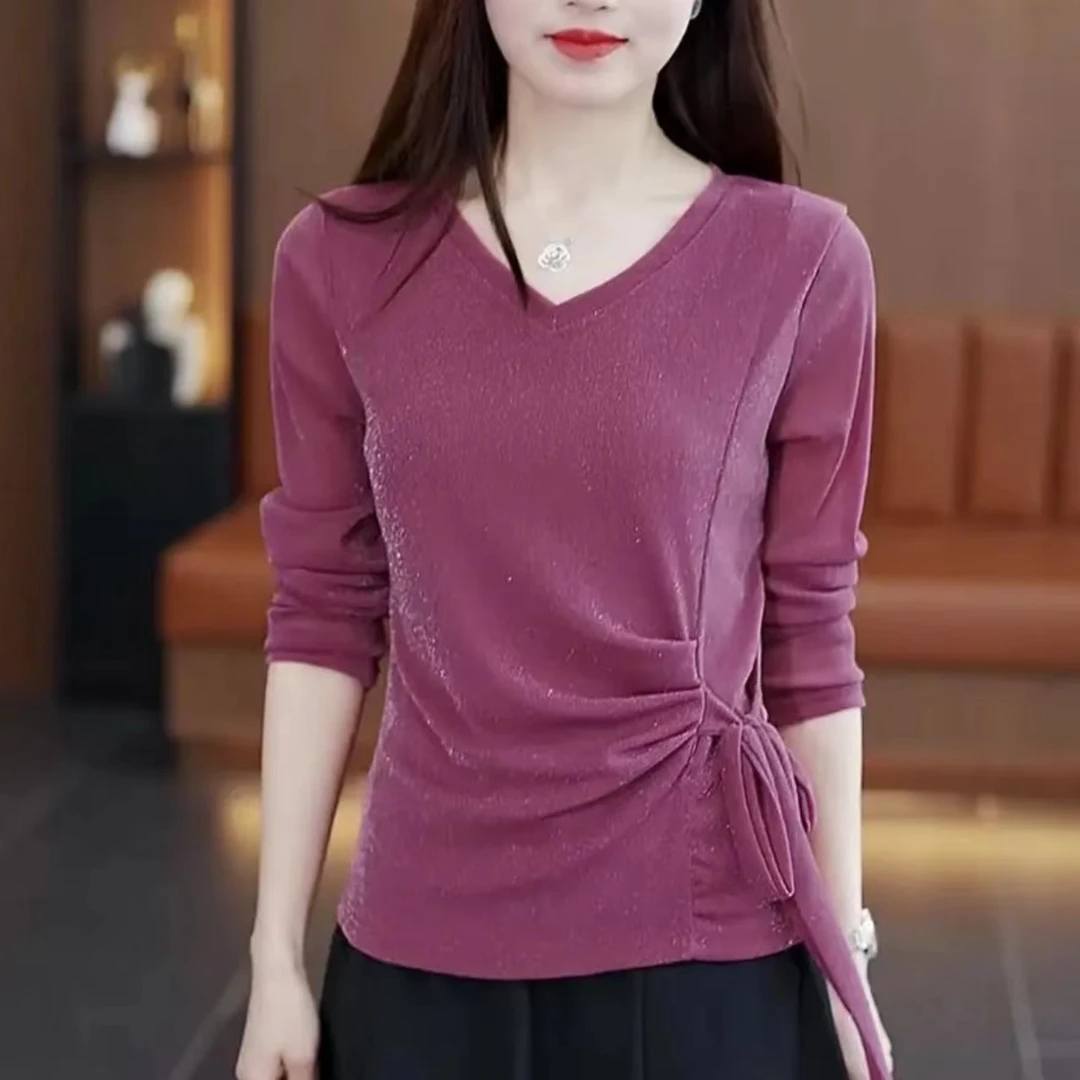2024新款高弹V领琉璃软纱中老年女士衬衫春秋夏季纯色百搭长袖112