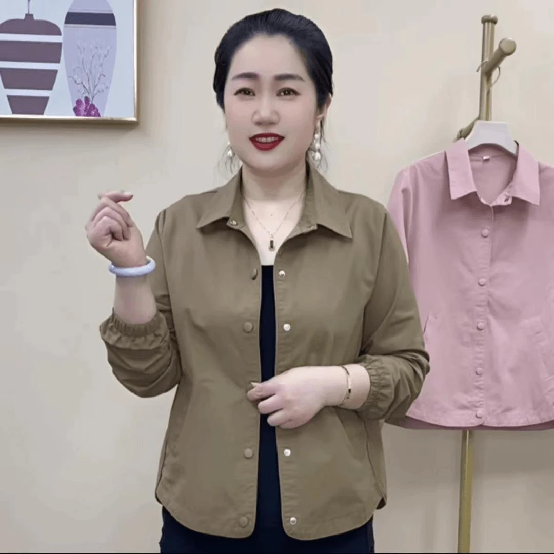 秋季新款纯色休闲显瘦翻领外套妈妈装中年