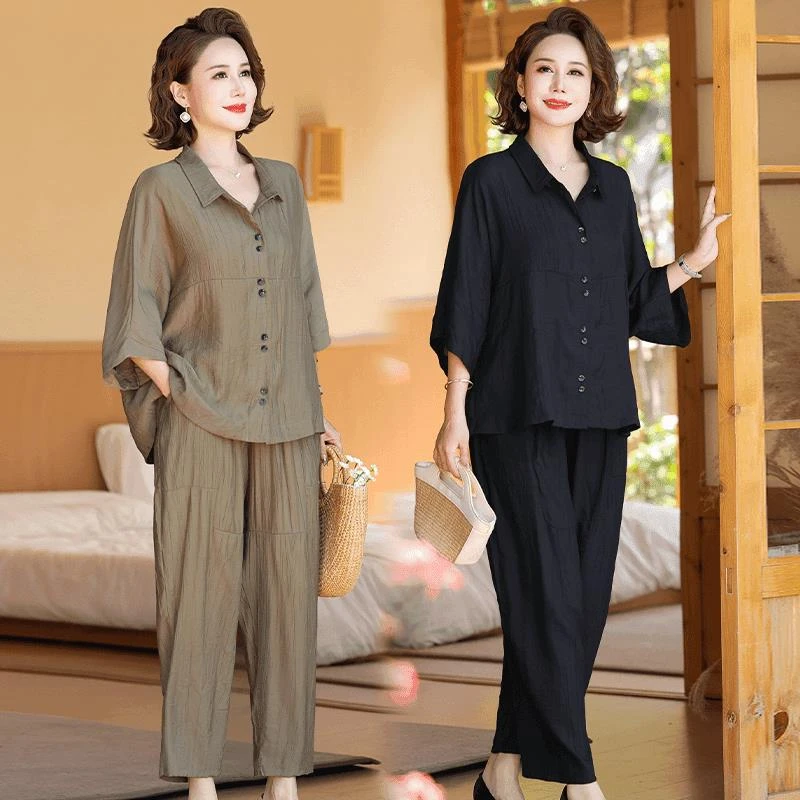 夏季新款女装套装中年妈妈装大码时尚休闲上衣裤子宽松薄款两件套