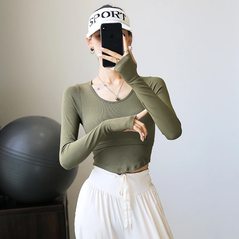 修身瑜伽服女长袖含胸垫U领休闲跑步T恤健身运动上衣美背健身衣秋