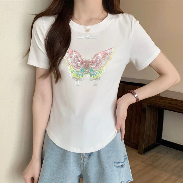 纯棉蝴蝶刺绣国风盘扣短袖t恤女夏季设计感弧形新中式上衣显瘦
