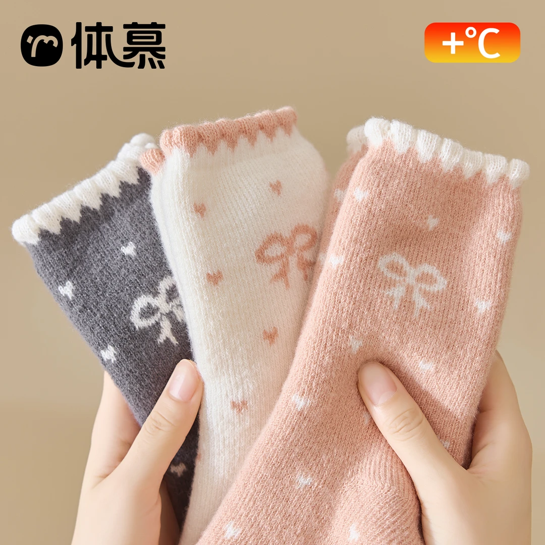 袜子女秋冬款加绒加厚保暖中筒袜蝴蝶结毛圈冬季居家睡眠地板长袜