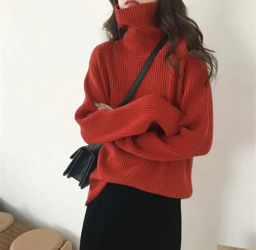 新年红色毛衣女2023年韩版新款宽松慵懒风套头洋气高领坑条毛衣