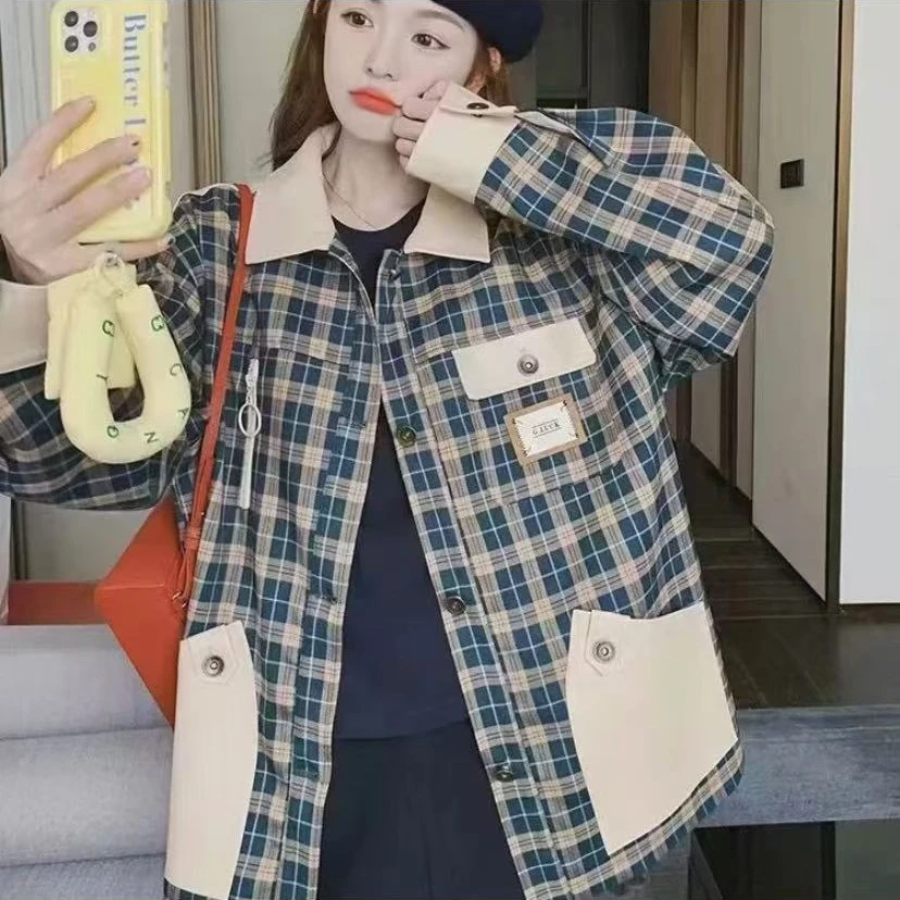 新款休闲甜美设计感学院风格子夹克女