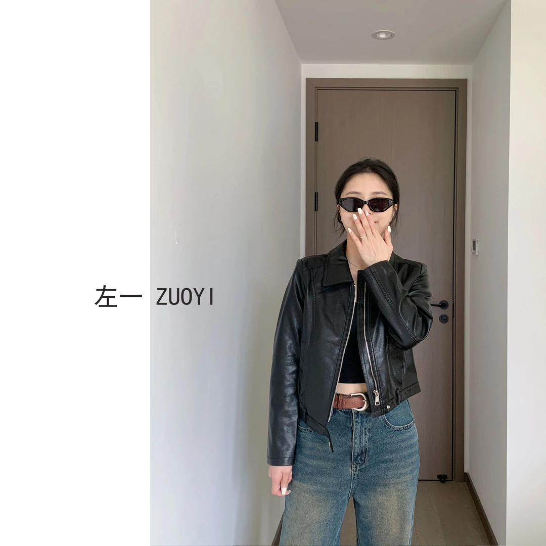 【219880】时尚修身短款正肩带垫肩皮衣女外套百搭夹克外套