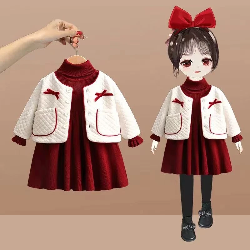 女童套装新款秋冬儿童洋气时髦保暖上衣女宝针织连衣裙两件套